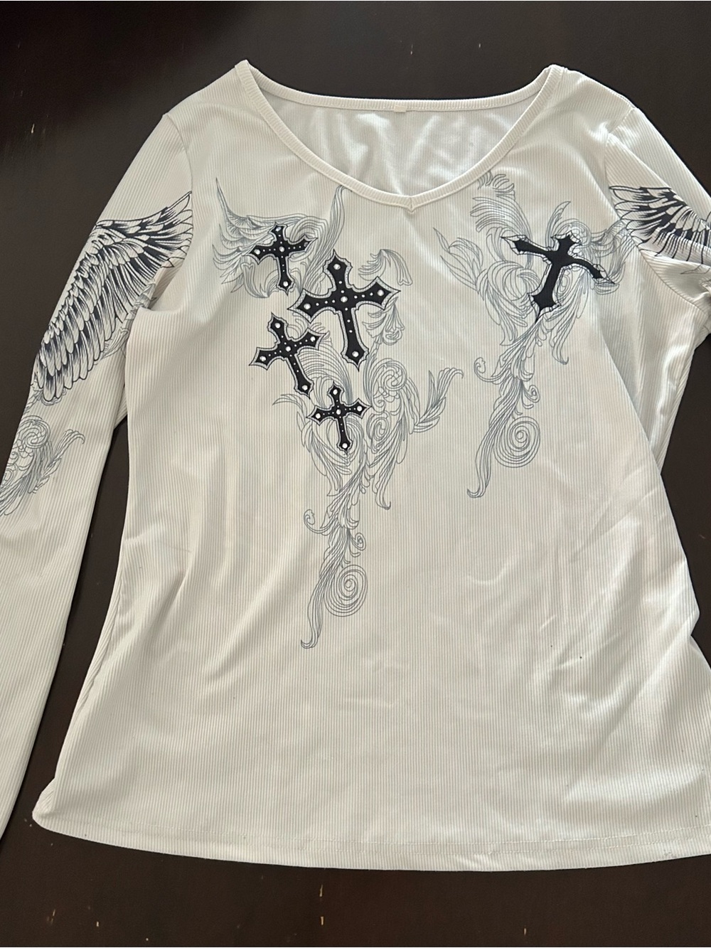 Women's White Long-Sleeve Cross & Wing Print Top
